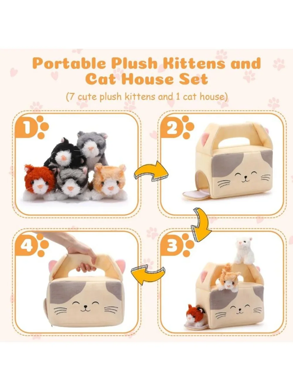 Adorable 8-Piece Plush Cat Stuffed Animals Set with 7 Cute Kittens & House